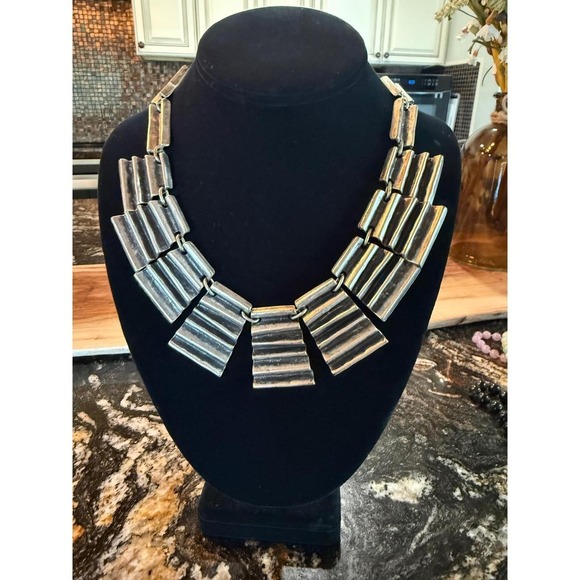 Jewelry - Vintage Turkish Ottoman Coin Brutalist Bib Necklace Silver Tone Ribbed Statement